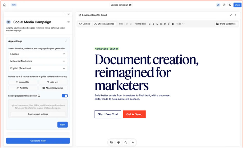 Jasper AI editor showing campaign settings and generated marketing content
