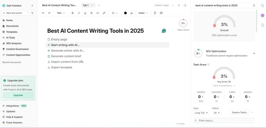 Frase SEO content editor showing topic research and SERP data.