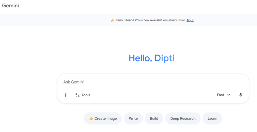 Google Gemini AI dashboard showing the main interface for creating content.