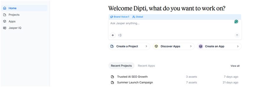 Jasper AI editor showing tools for long-form content creation