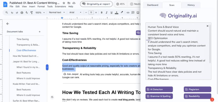 Screenshot showing document editing with AI scan tools.