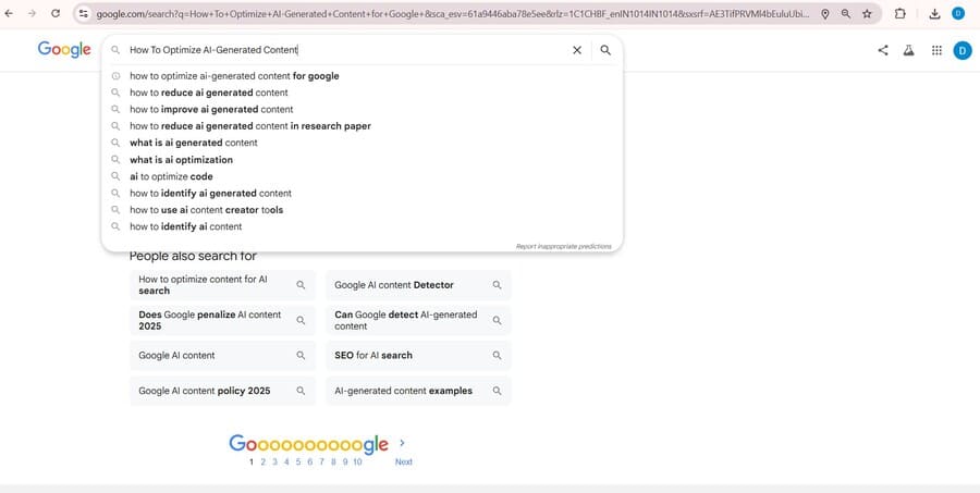Google suggestions for “How to optimize AI-generated content”
