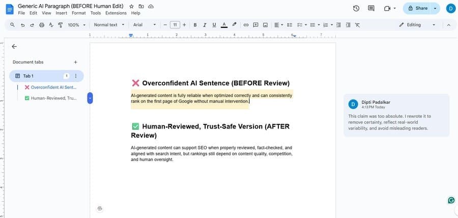 human editing and review of AI-generated content