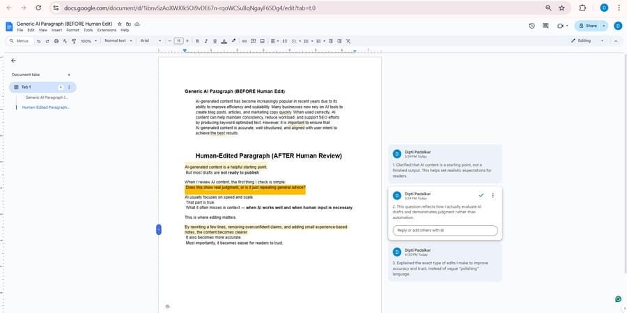 Human editing pass transforming AI-generated content