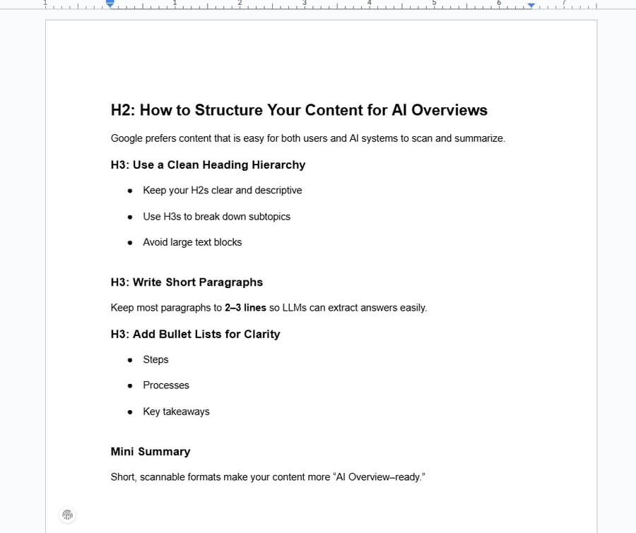 Example of clean content structure with H2 and H3 headings, short paragraphs, and bullet lists optimized for AI Overviews.