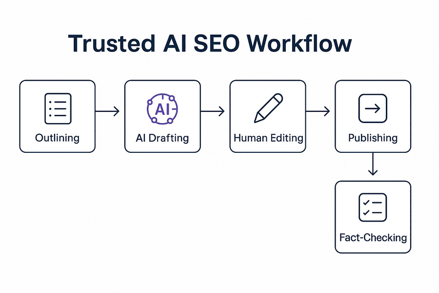 Trusted AI SEO workflow diagram showing draft → human edit → safety scan → publish.