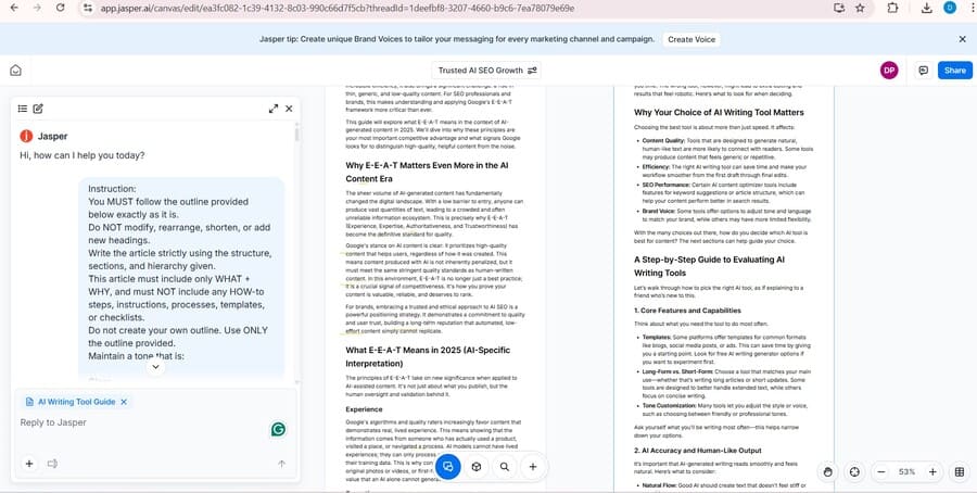 Example AI writing workflow and custom instructions