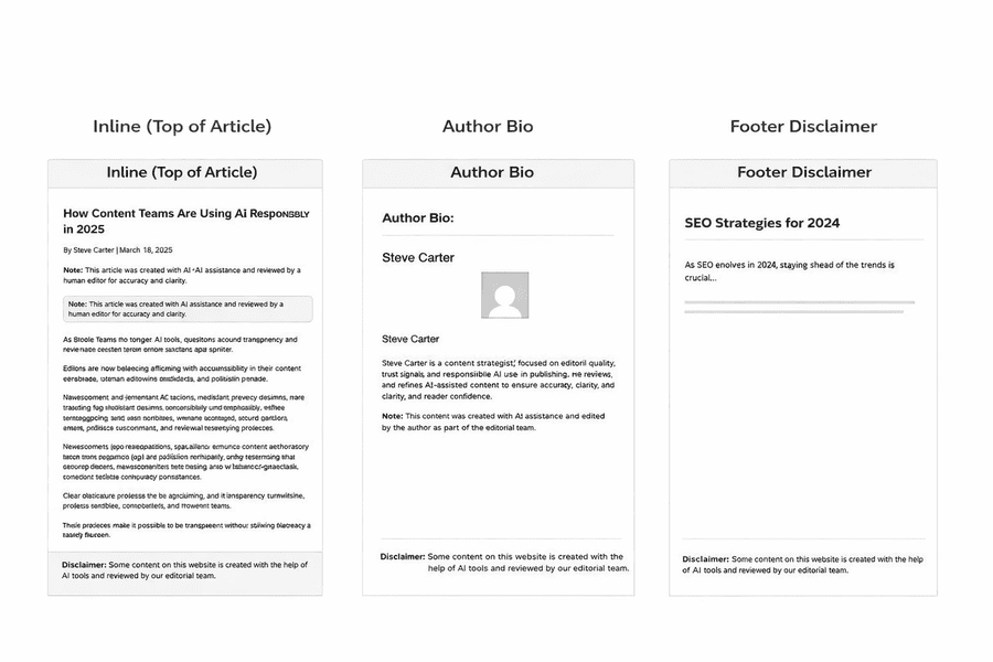 Examples of AI content disclosure placement on blog pages