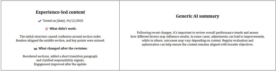 Example of first-hand experience signals vs summarized AI content