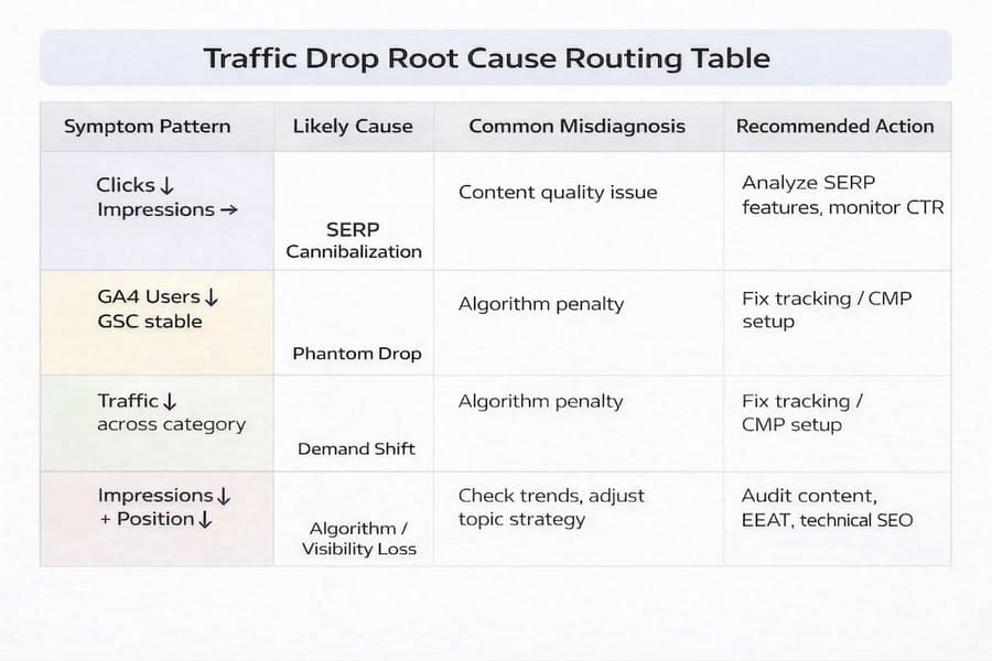 Traffic drop symptoms matched to likely cause buckets