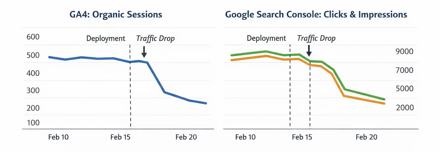 GA4 and Google Search Console traffic comparison during sudden organic traffic drop diagnosis