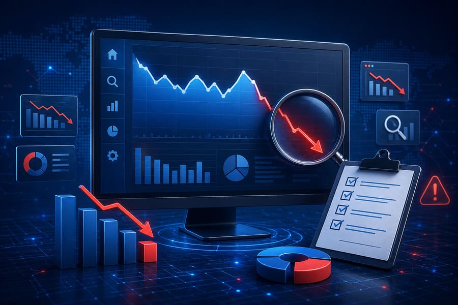 Dashboard showing organic traffic decline with downward trend graphs, magnifying glass analysis, and SEO checklist for diagnosing traffic drop causes