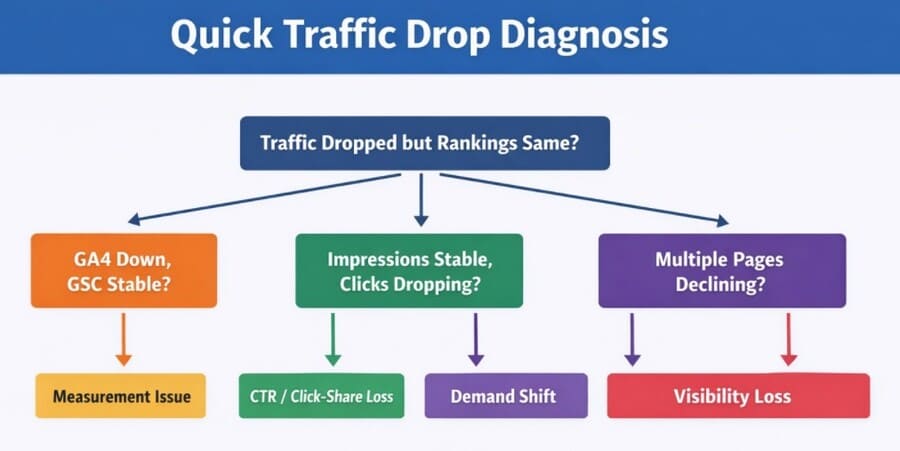Traffic drop diagnostic decision tree for stable rankings