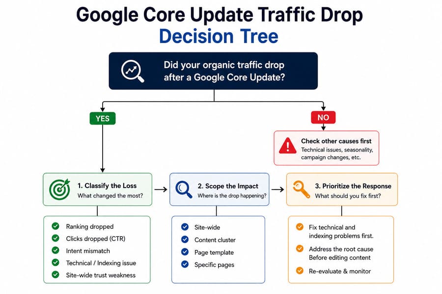 Decision tree for diagnosing a website Google core update traffic drop