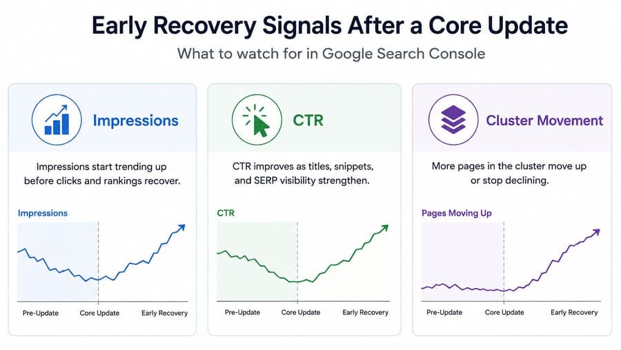 Early recovery signals after a Google core update across impressions, CTR, and cluster movement